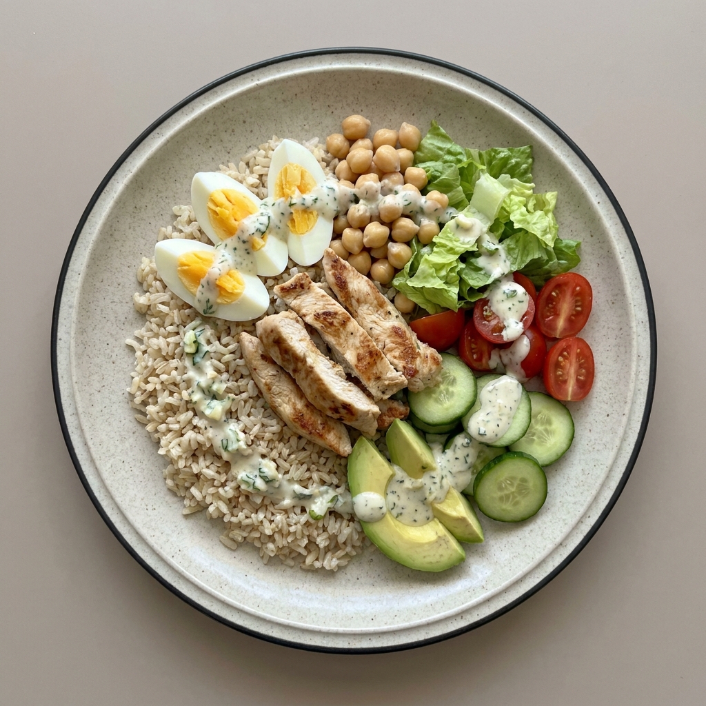 Bowl de pollo, huevo, garbanzos y verduras con aderezo de yogurt