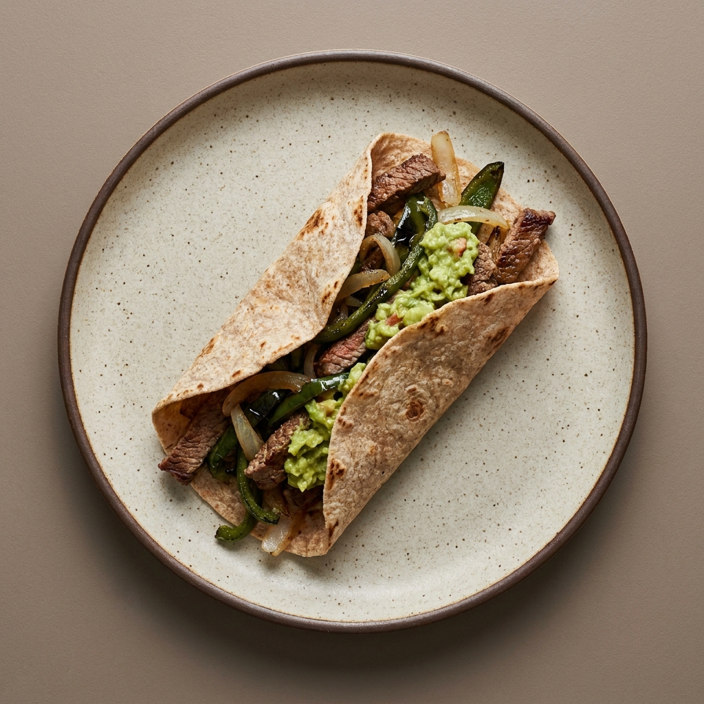 Burrito de bistec con rajas poblanas y guacamole