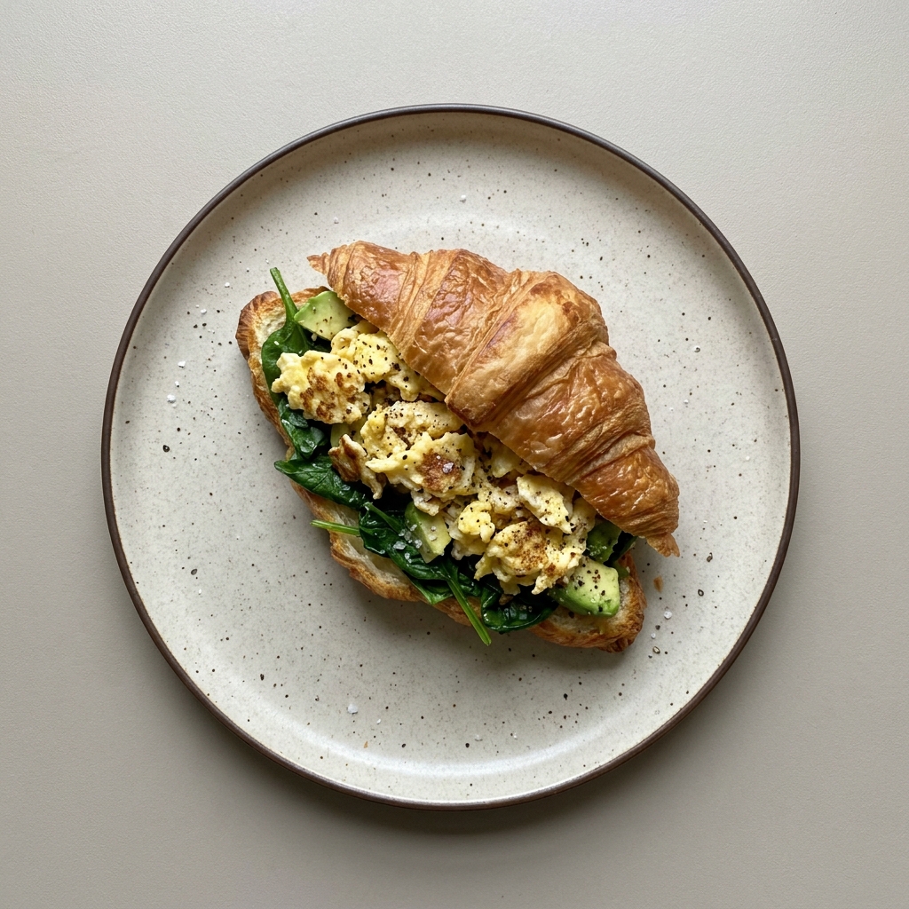 Croissant relleno de huevo, espinaca y aguacate