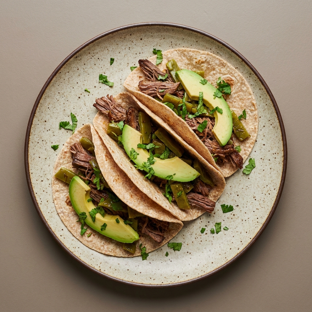 Tacos de harina de res deshebrada con nopales y aguacate