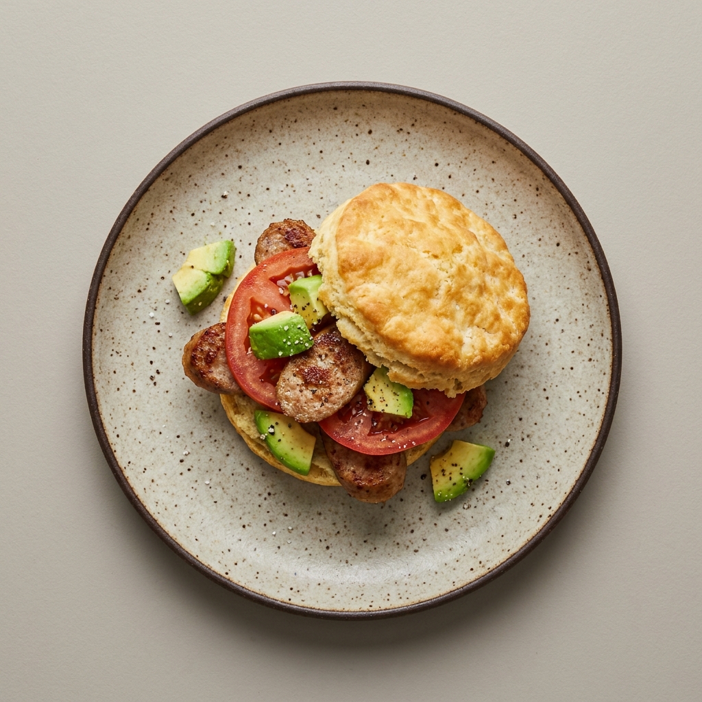 Bisquet con salchicha de pavo, jitomate y aguacate