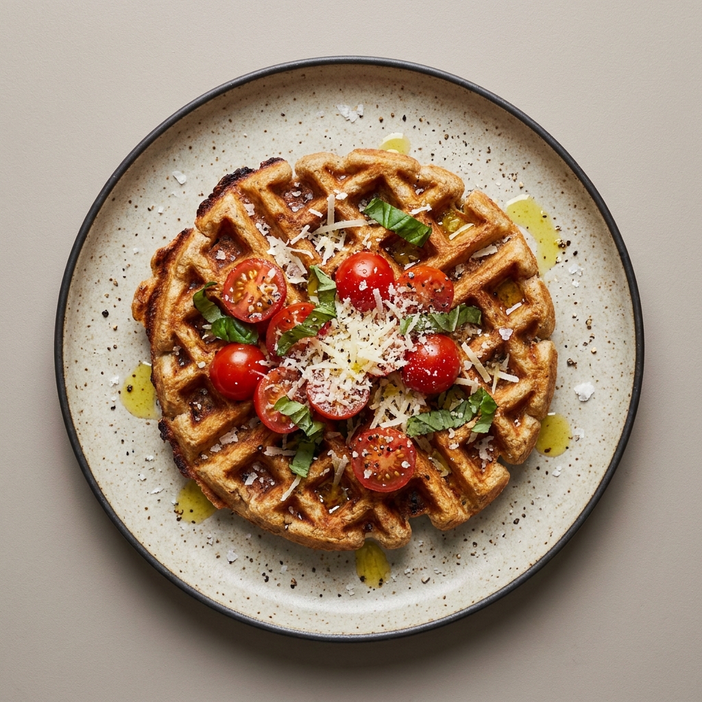 Wafle integral salado con parmesano, jitomate cherry y aceite de oliva