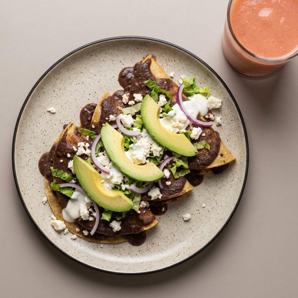 Enfrijoladas de queso fresco con crema y aguacate, con licuado de guayaba