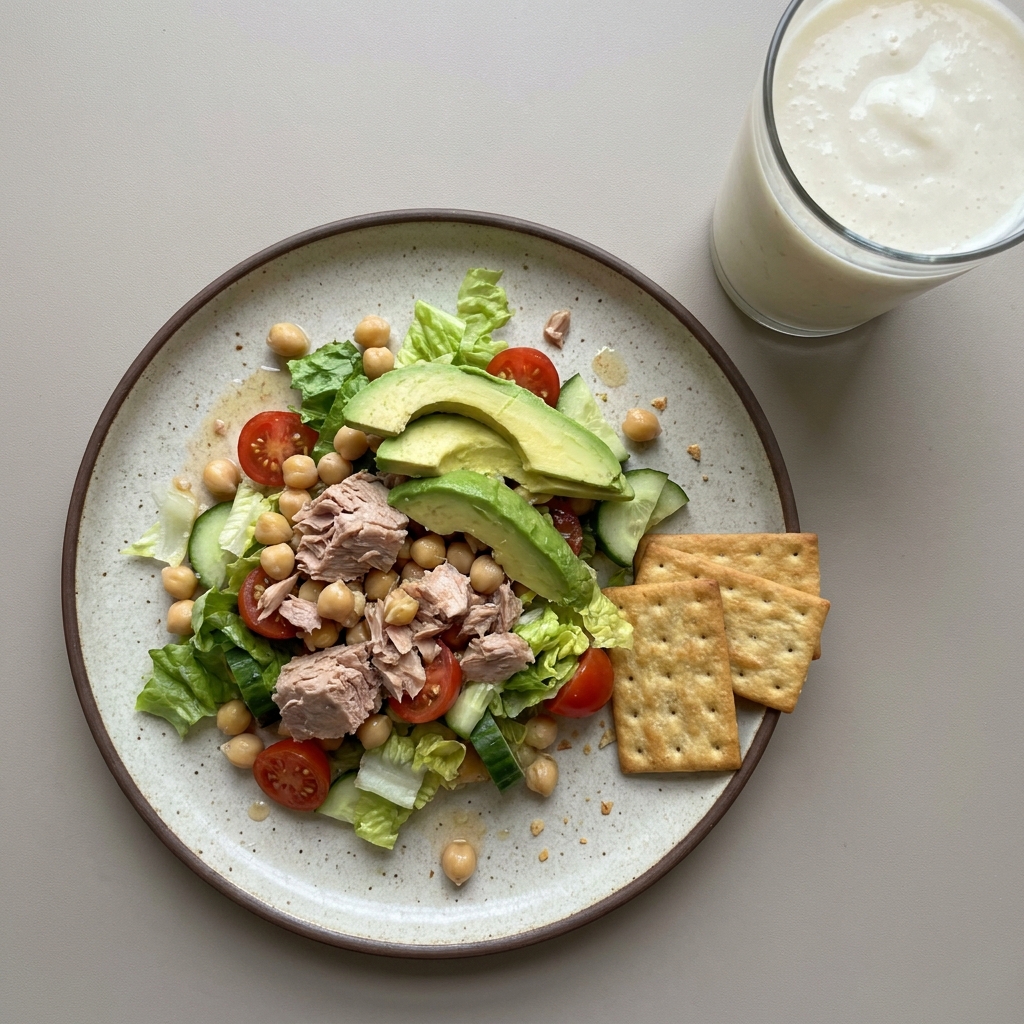 Ensalada de atún con garbanzo y aguacate, con galletas y licuado de manzana