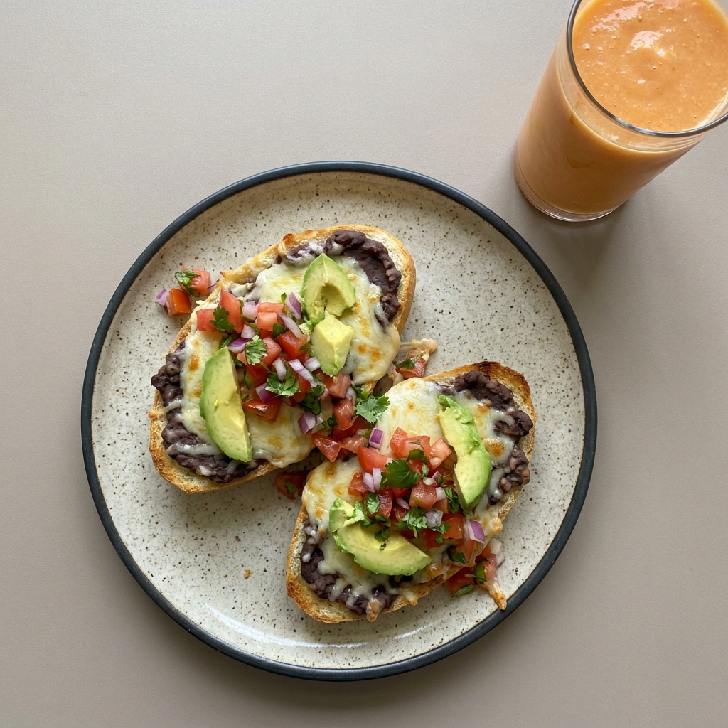 Molletes de frijol con queso oaxaca, pico de gallo y aguacate, con licuado de papaya