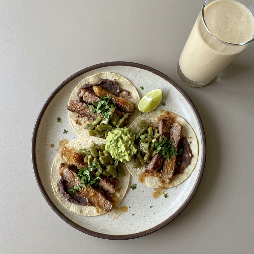 Tacos de arrachera con frijoles refritos, nopales y guacamole, con licuado de plátano