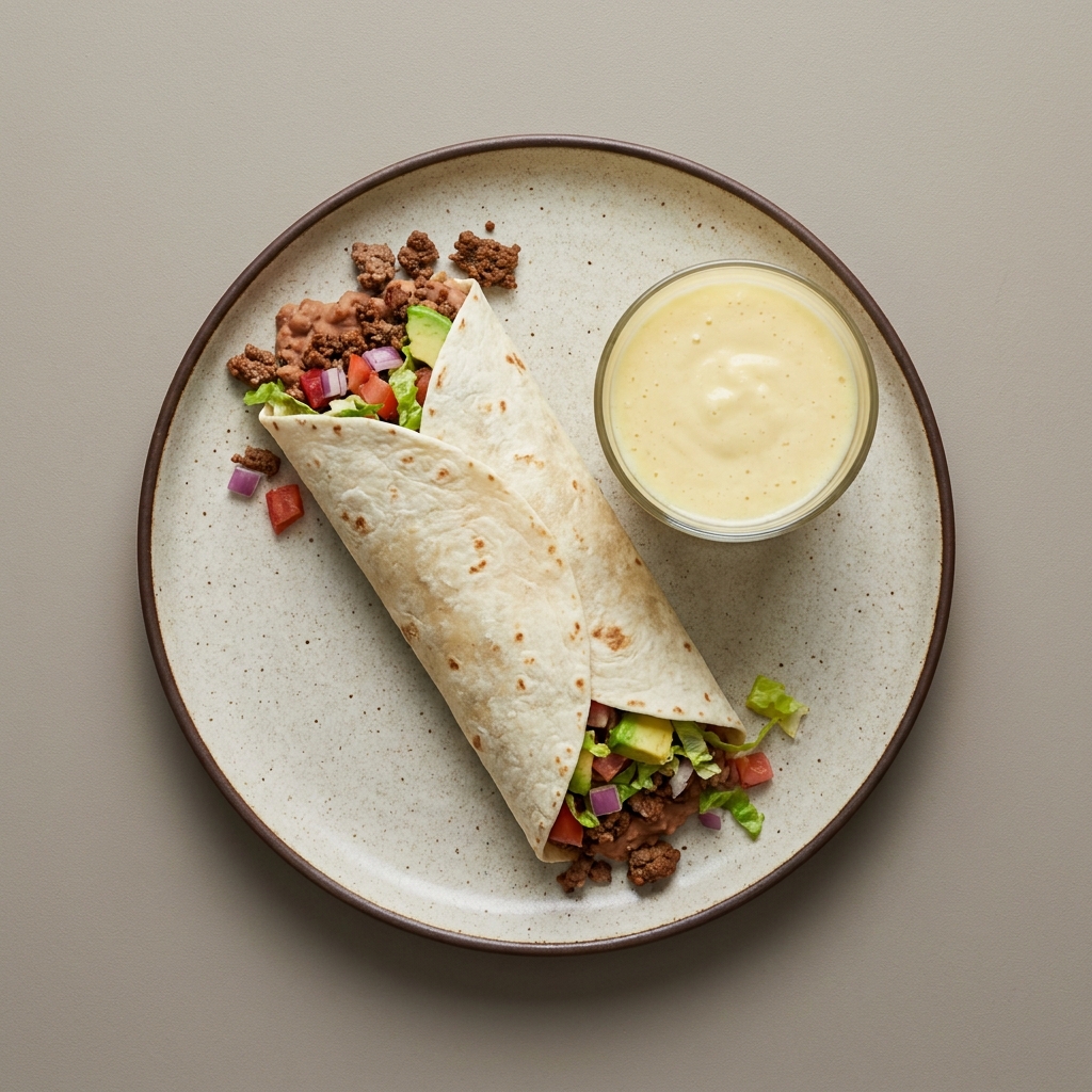Burrito de res molida con frijoles y aguacate, con licuado de piña
