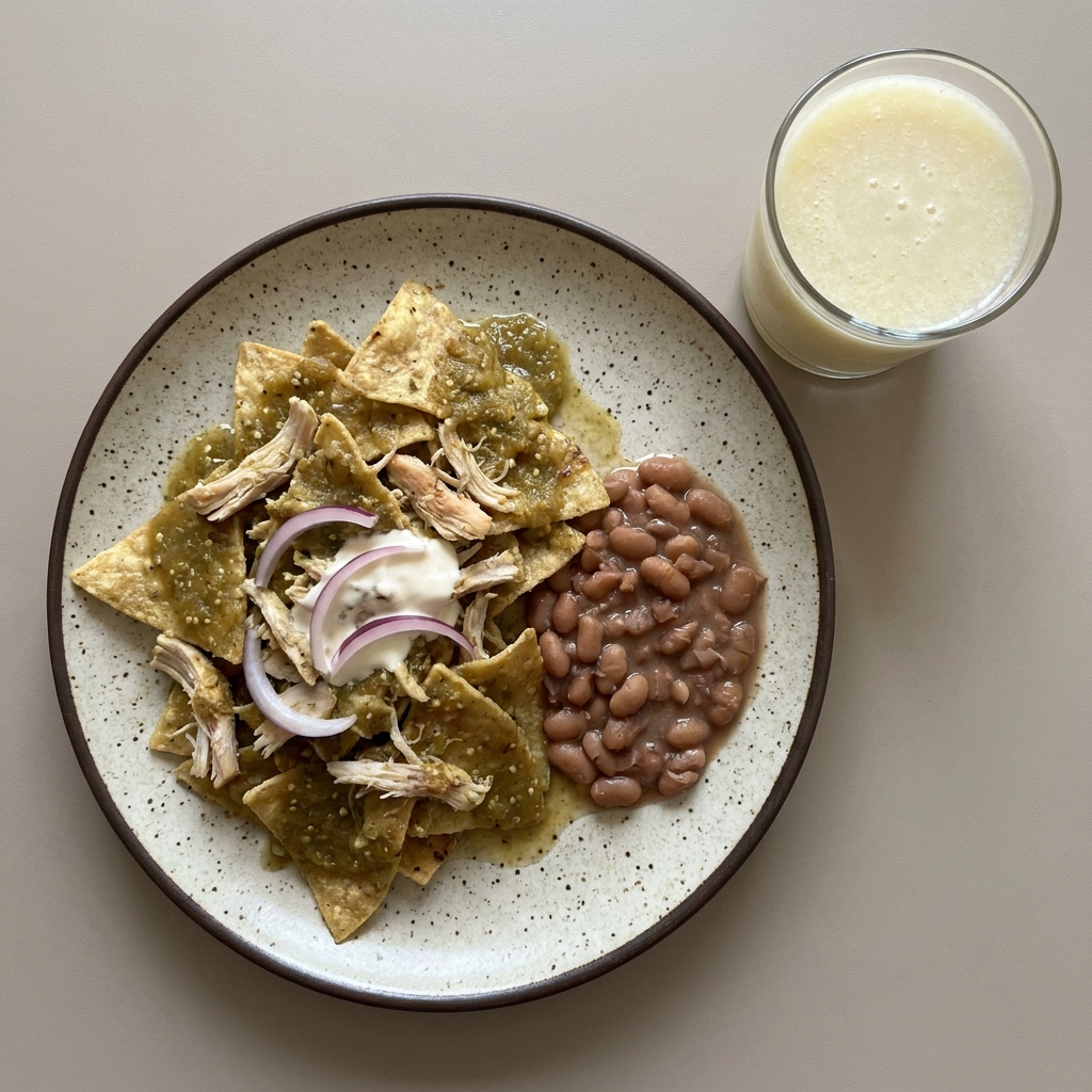 Chilaquiles verdes con pollo, frijoles y crema, con licuado de melón