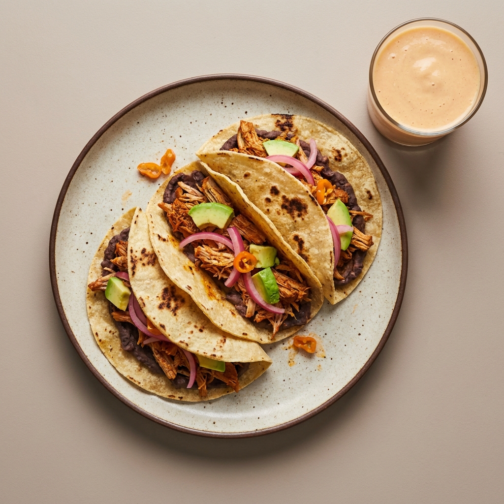 Panuchos de cochinita con frijol, cebolla curtida y aguacate, con licuado de mamey