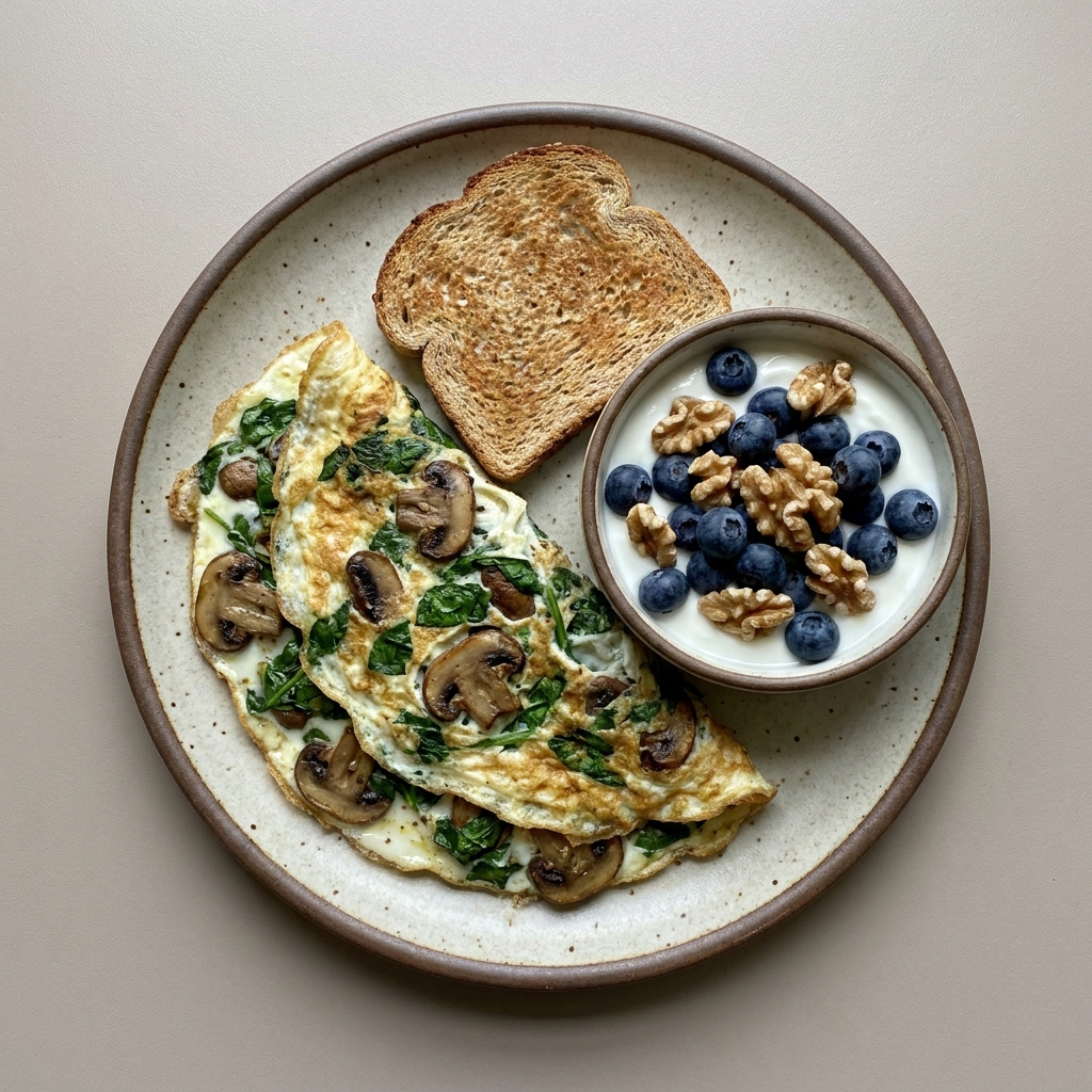 Omelette de huevo y claras con espinaca y champiñón con bowl de yogurt con arándanos y nuez