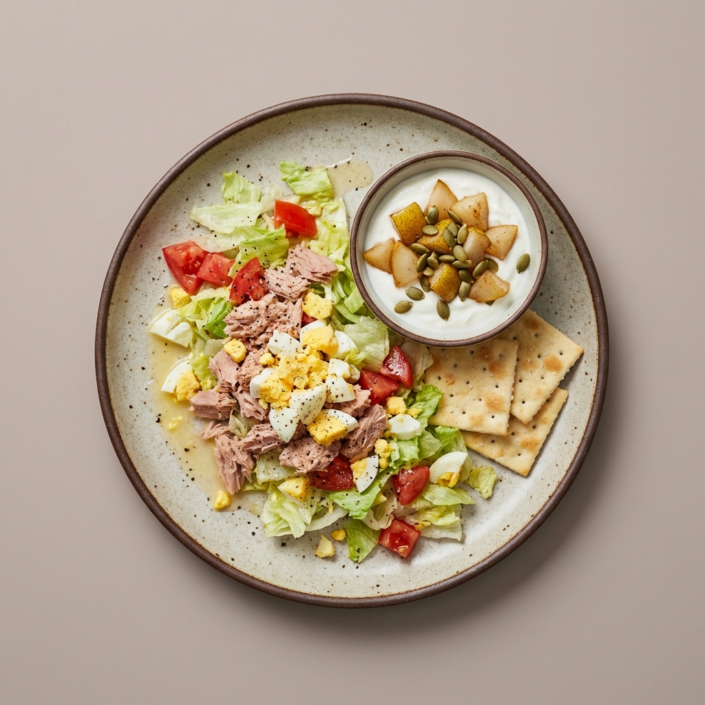 Ensalada de atun con huevo y galletas, y bowl de pera con yogurt y semilla de calabaza