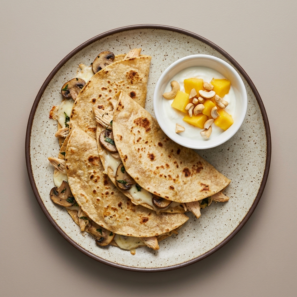 Quesadillas de pollo con champinones y queso, y bowl de mango con yogurt y nuez de la india