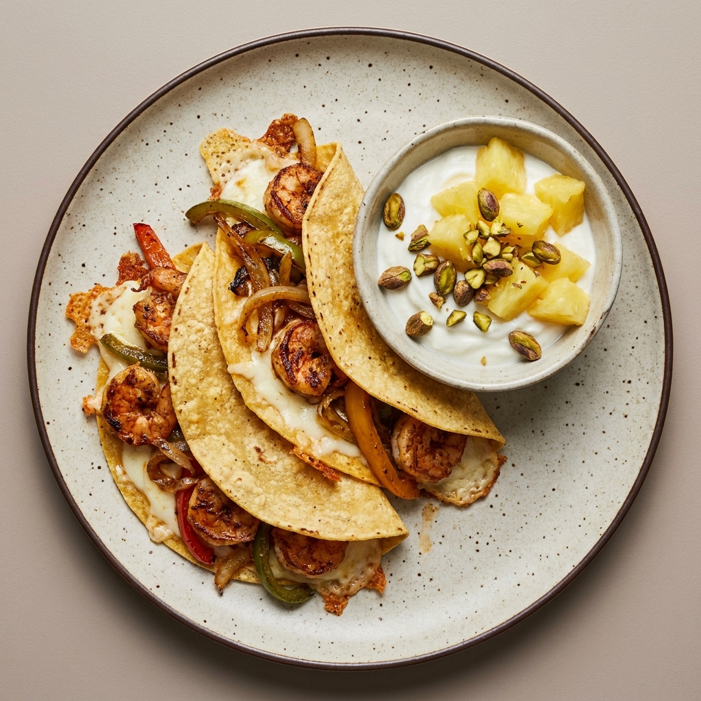 Tacos gobernador de camarón, y bowl de piña con yogurt y pistache