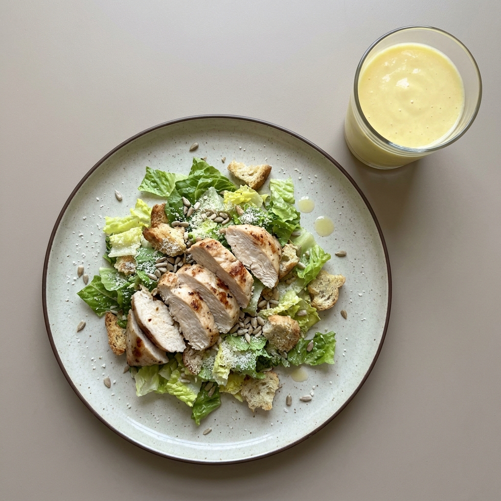 Ensalada de pollo a la plancha con parmesano, crotones y semillas de girasol,con licuado de mango