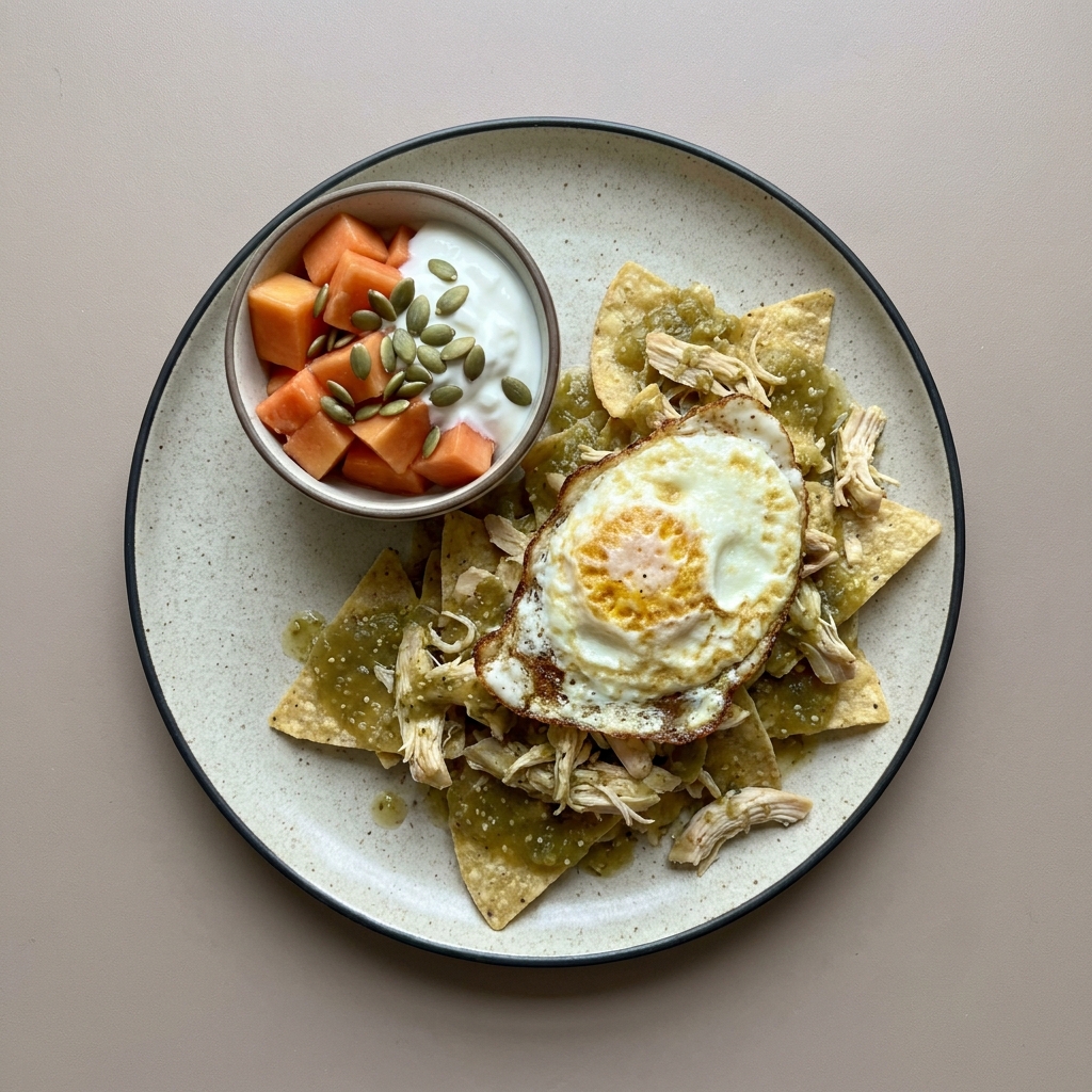 Chilaquiles verdes con pollo y huevo,  acompañado de bowl de papaya con yogurt y pepitas