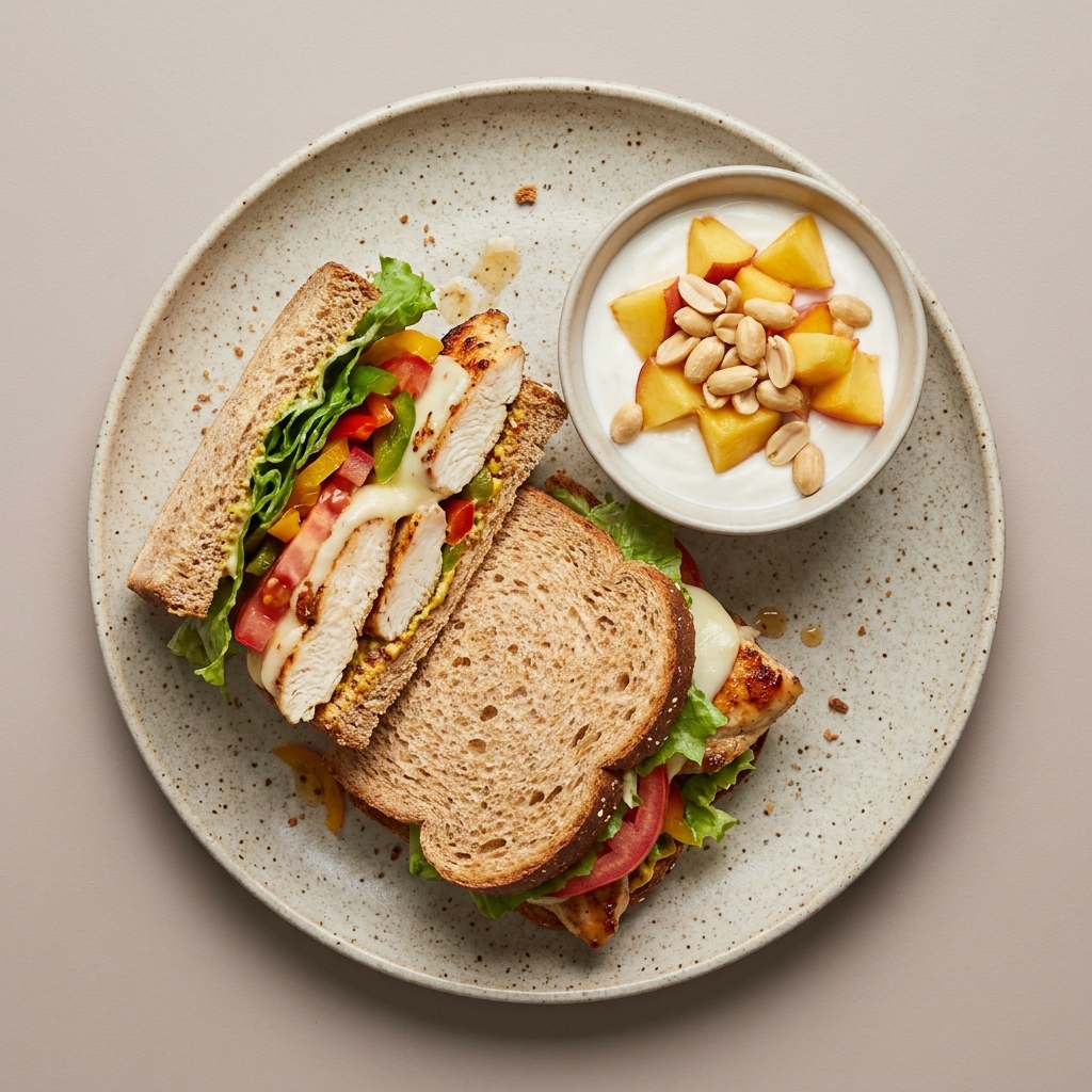 Sandwich integral de pollo, queso y verduras, y bowl de durazno con yogurt y cacahuate
