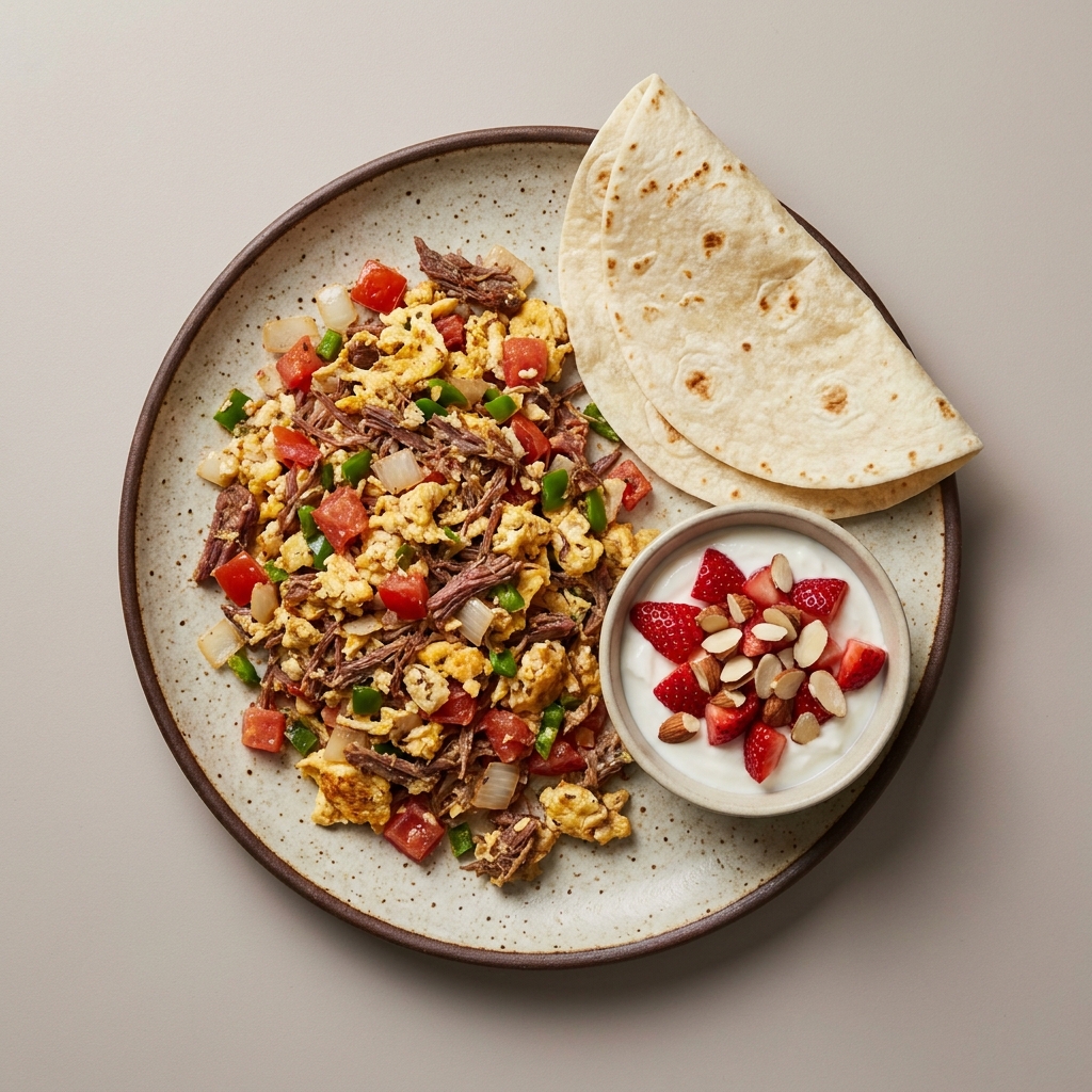 Machaca con huevo a la mexicana, y bowl de yogurt con fresa y almendra