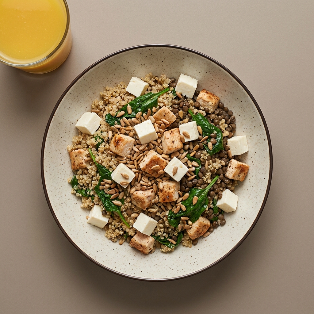Bowl de quinoa con pollo, queso panela, lentejas y espinaca con semillas de girasol, y agua de mango