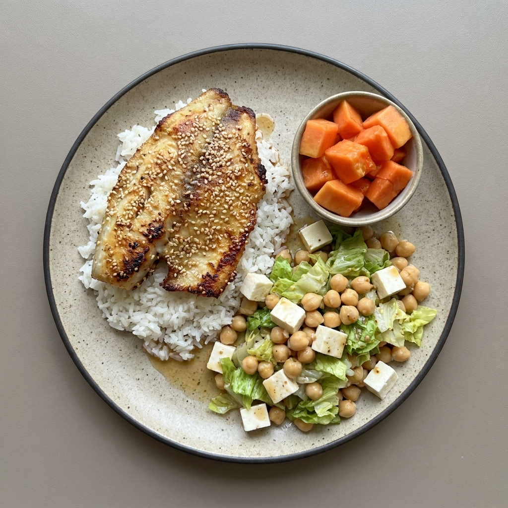 Tilapia encostrada en ajonjolí con arroz, ensalada de garbanzo y queso panela, y bowl de papaya