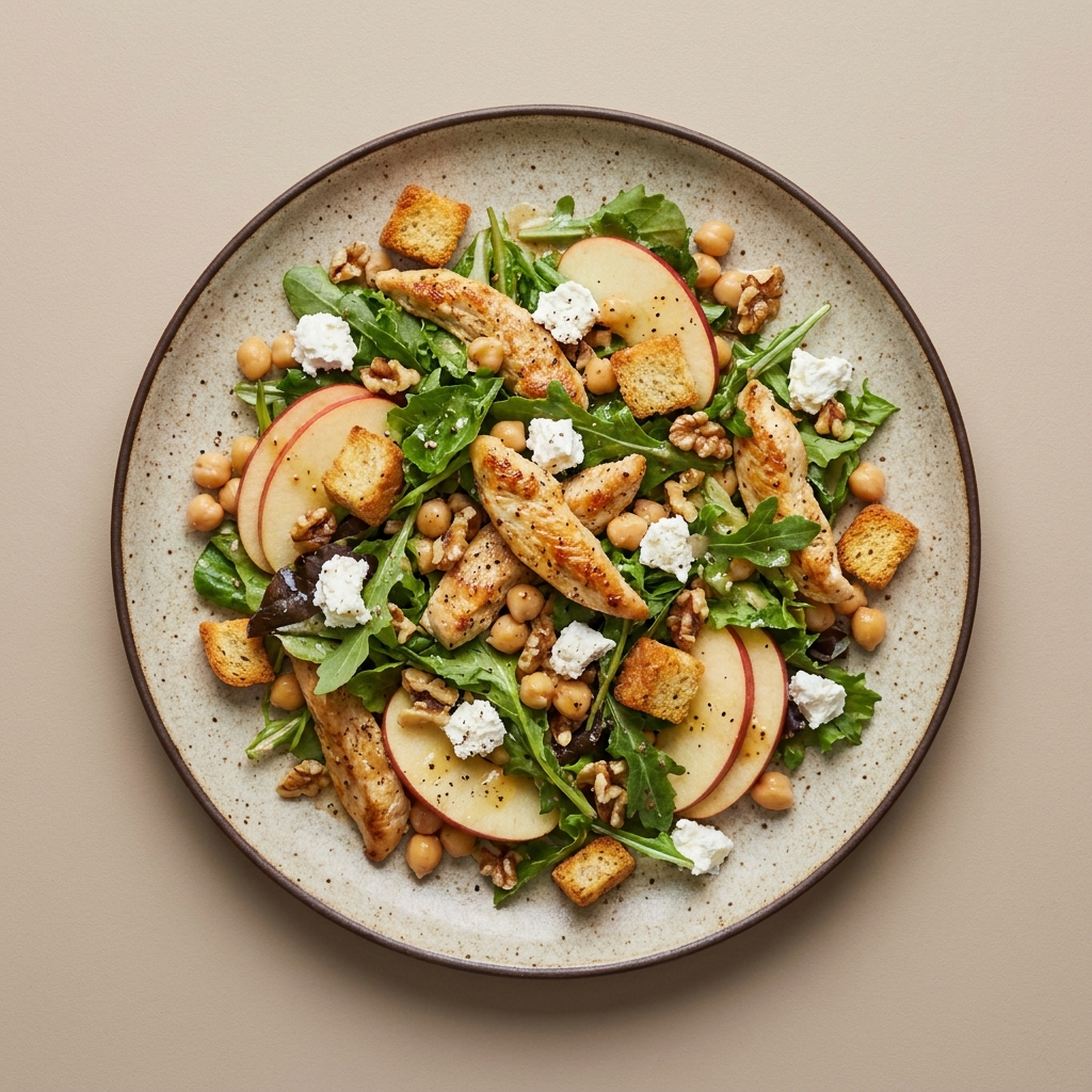 Ensalada de vegetales verdes con pollo, queso fresco de cabra, garbanzo, manzana y nuez, con croutones