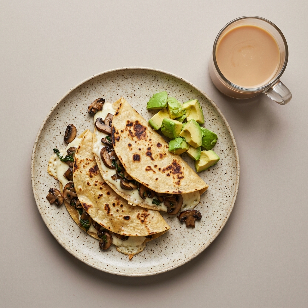 Quesadillas de queso oaxaca con champiñones y aguacate, y leche con cajeta
