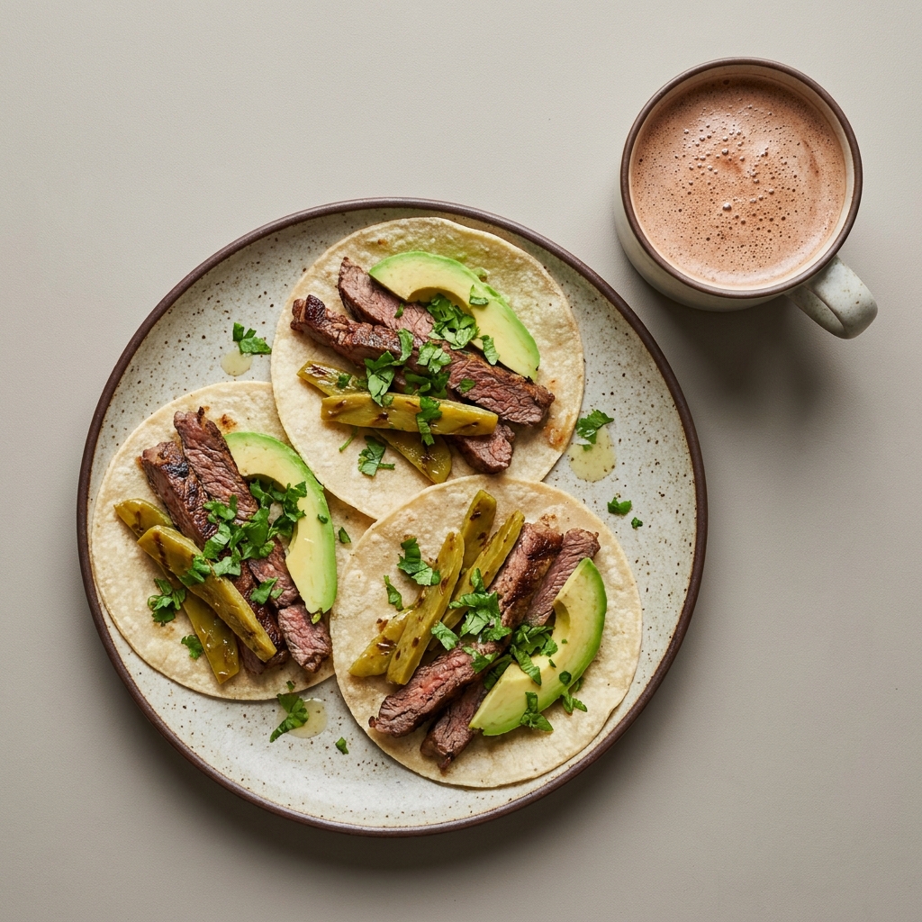 Tacos de arrachera con nopales y aguacate, con chocolate caliente