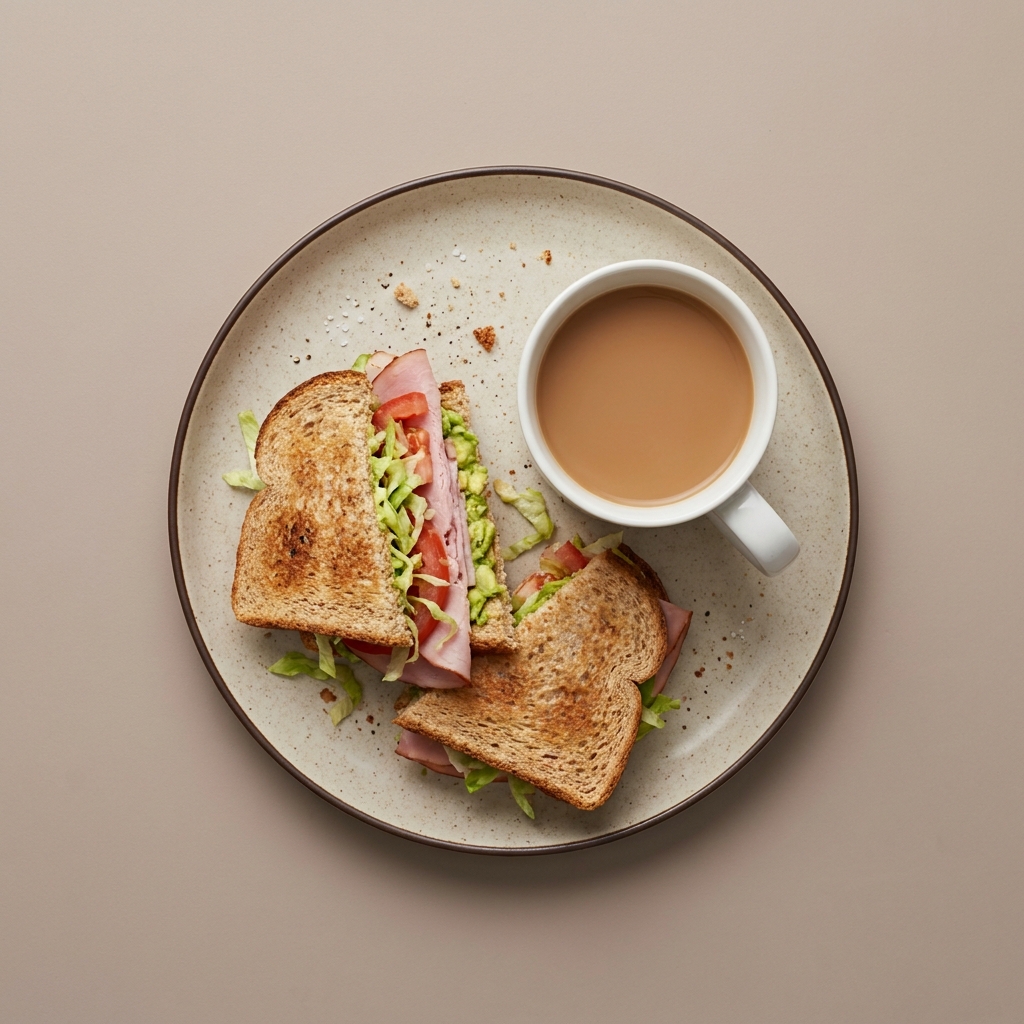 Sándwich de jamón con aguacate y verduras, con café con leche