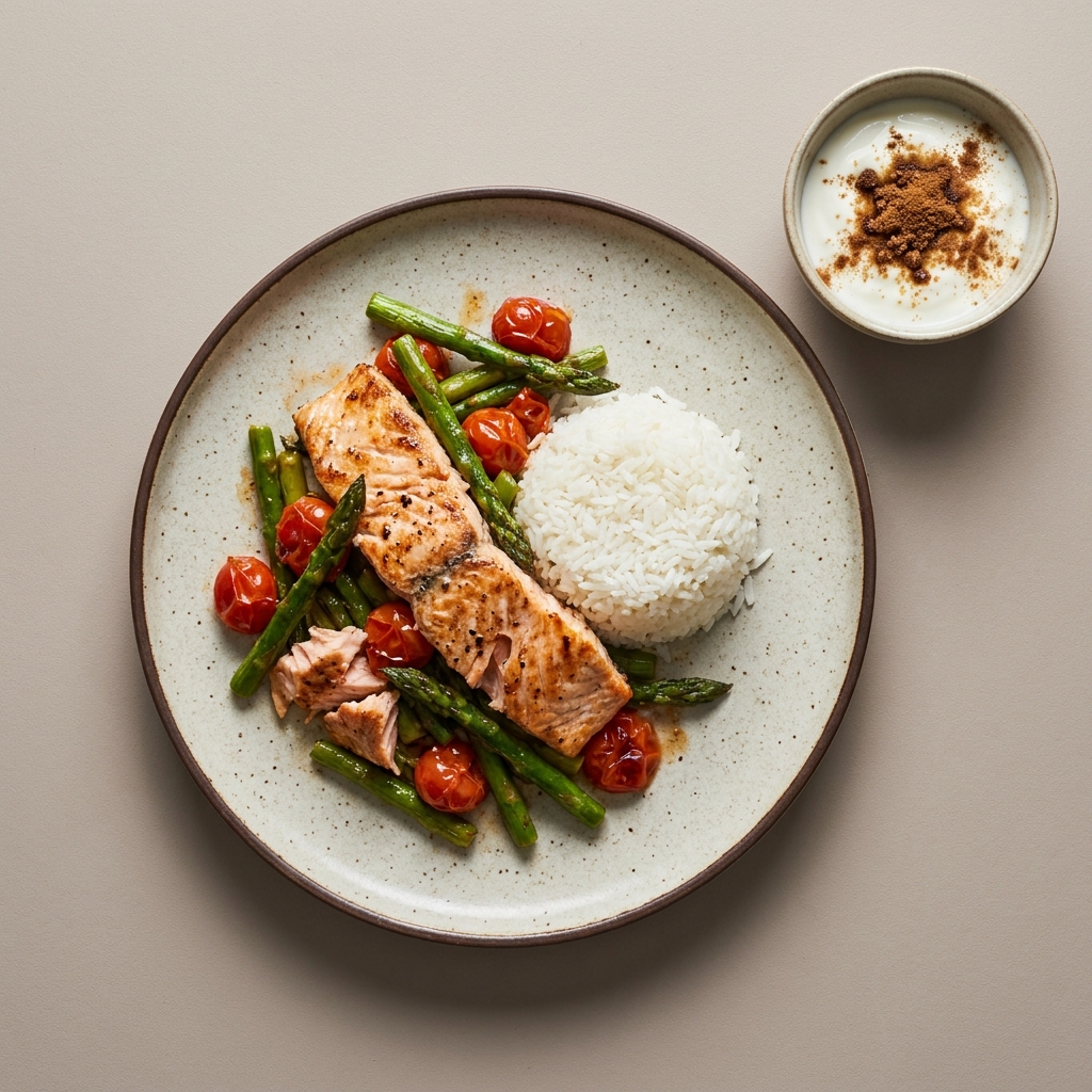 Salmón a la plancha con espárragos y arroz, con bowl de yogurt a la canela