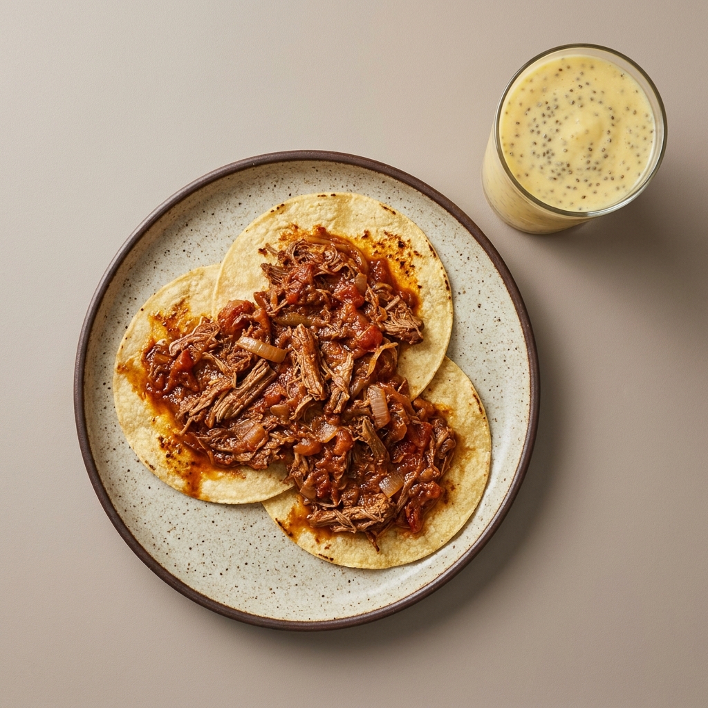 Tacos de tinga de res con licuado de mango y chía