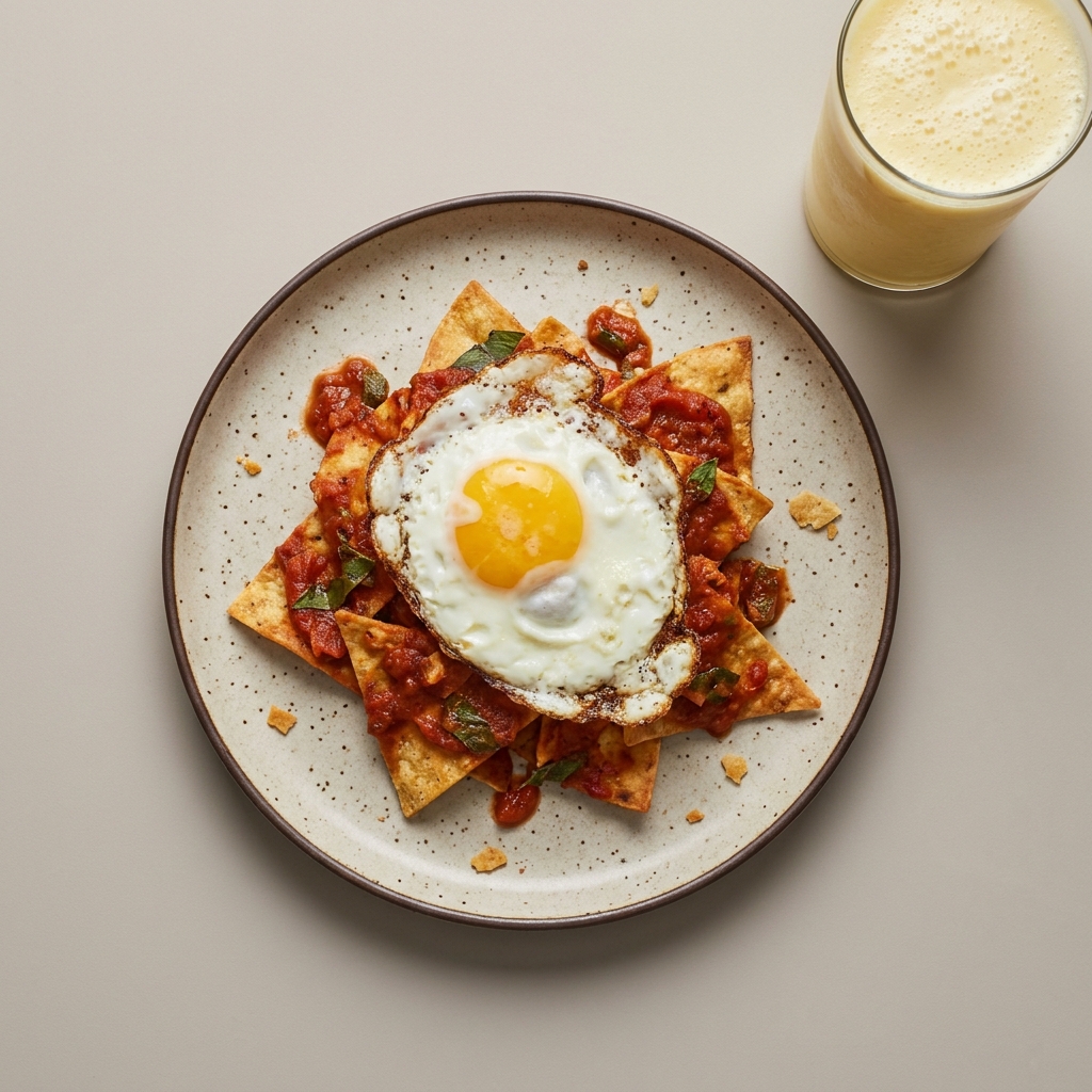 Receta de chilaquiles rojos con huevo estrellado, y licuado de piña de 502.1 Kcal