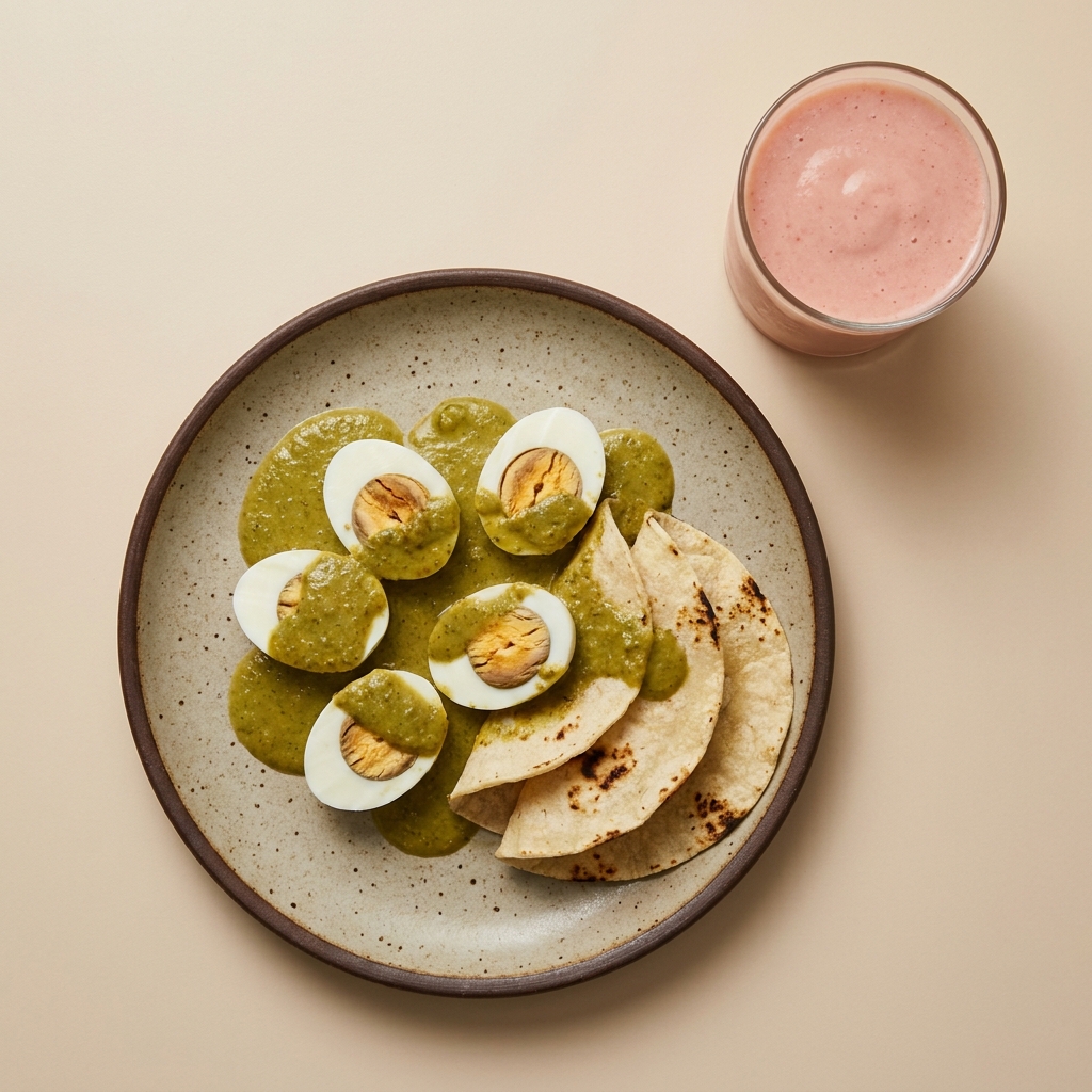 Huevos en pipián verde con tortillas y licuado de guayaba