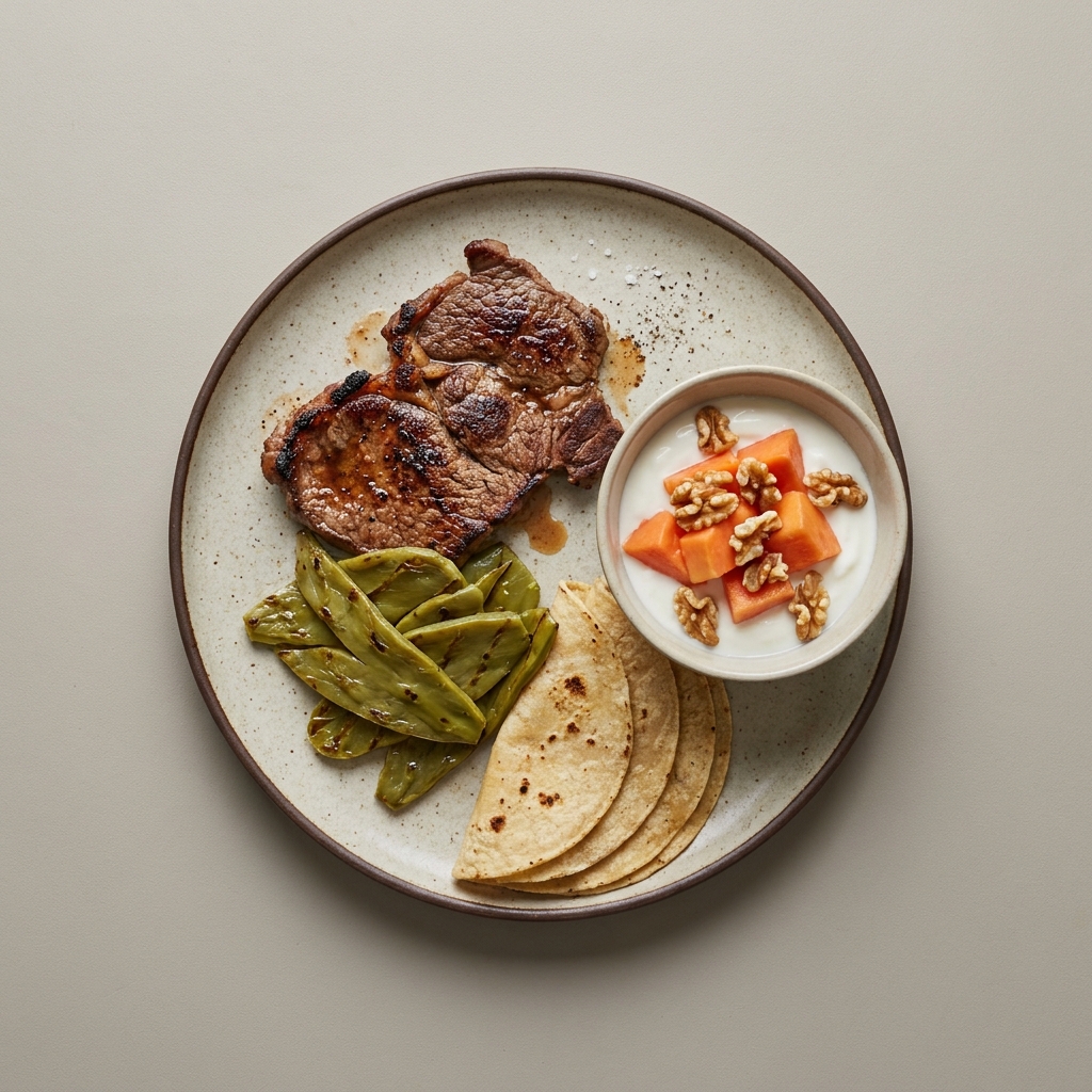 Bistec a la plancha con nopales y tortillas, con bowl de yogurt, papaya y nuez