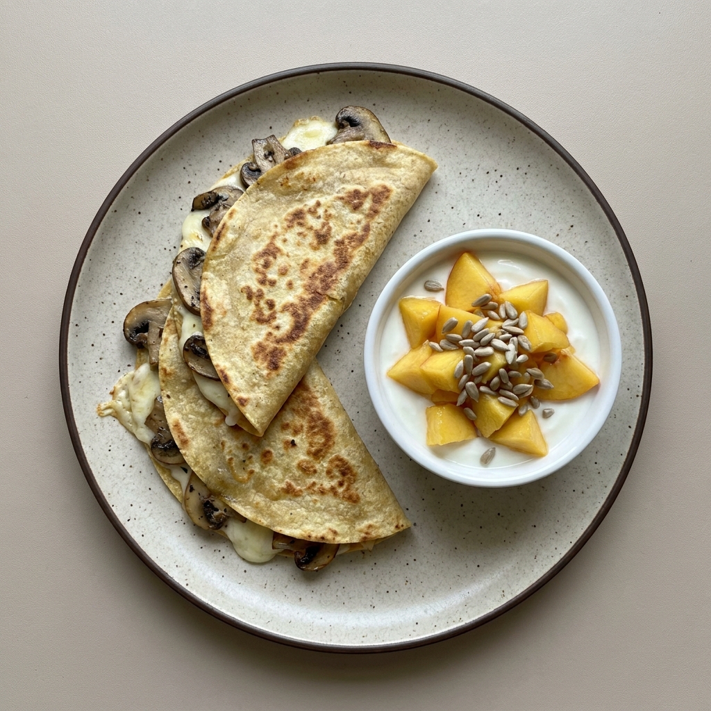 Quesadillas de champiñón con mozzarella, y bowl de yogurt con durazno y semilla de girasol
