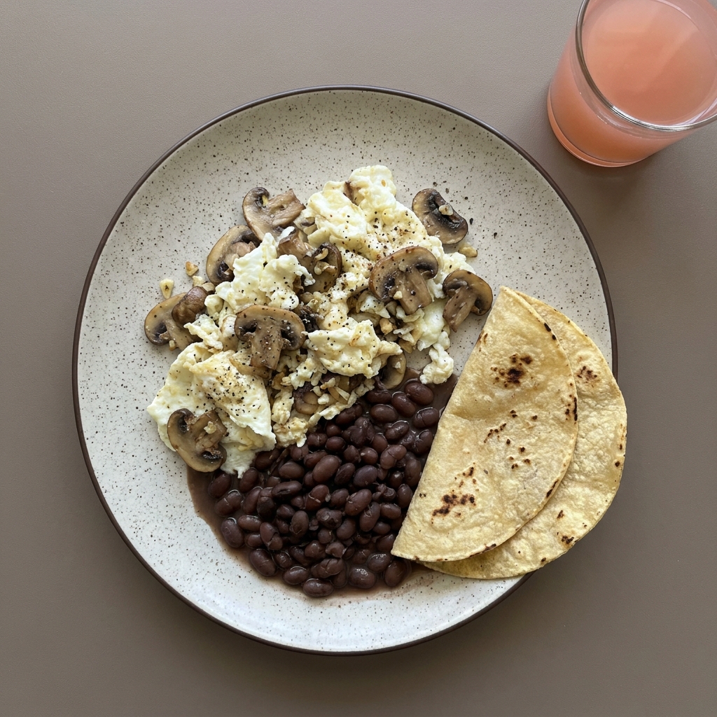 Claras revueltas con champiñones, frijoles de la olla y tortillas,con agua de guayaba