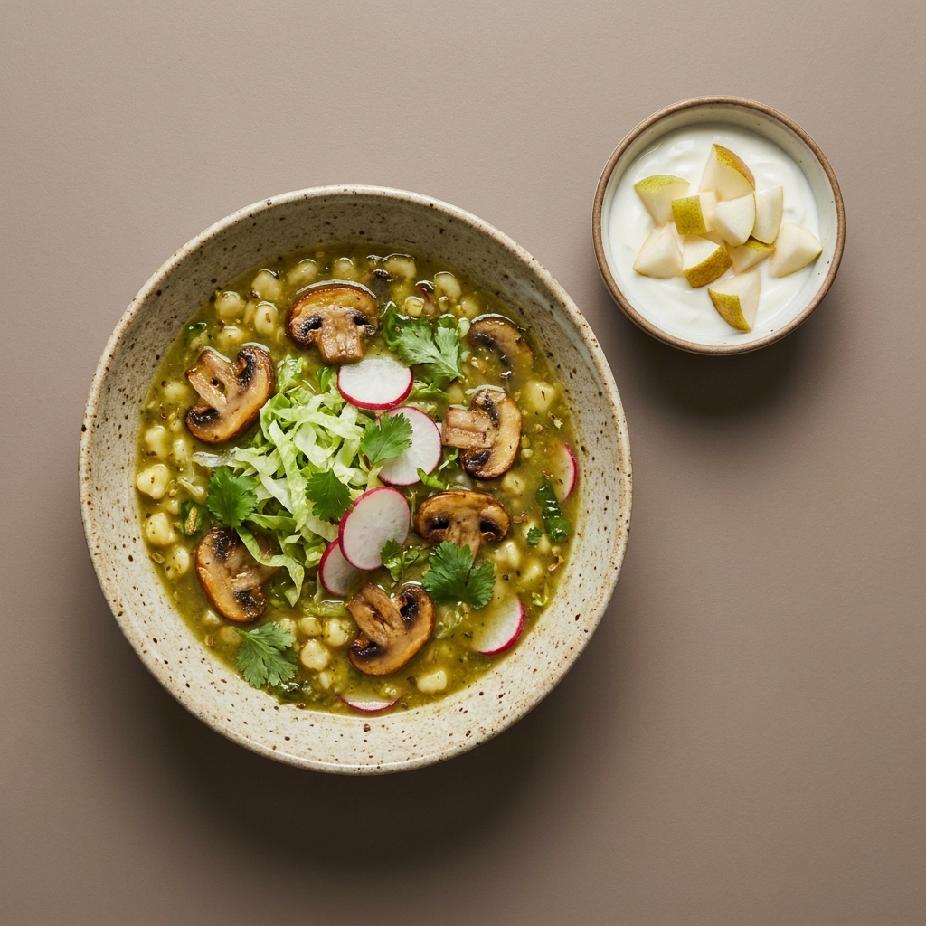 Pozole verde de champiñones, con bowl de yogurt y pera