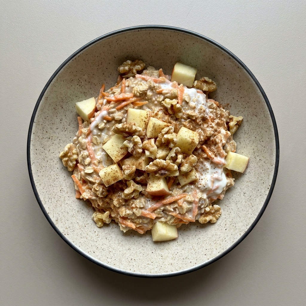 Overnight oats estilo carrot cake, con nuez, manzana y yogurt