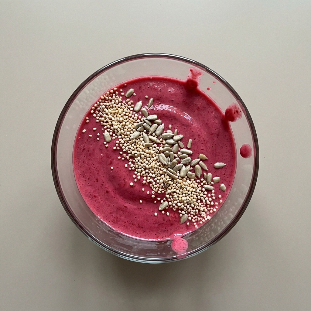 Smoothie bowl de betabel, fresa con yogurt, amaranto y semillas de girasol