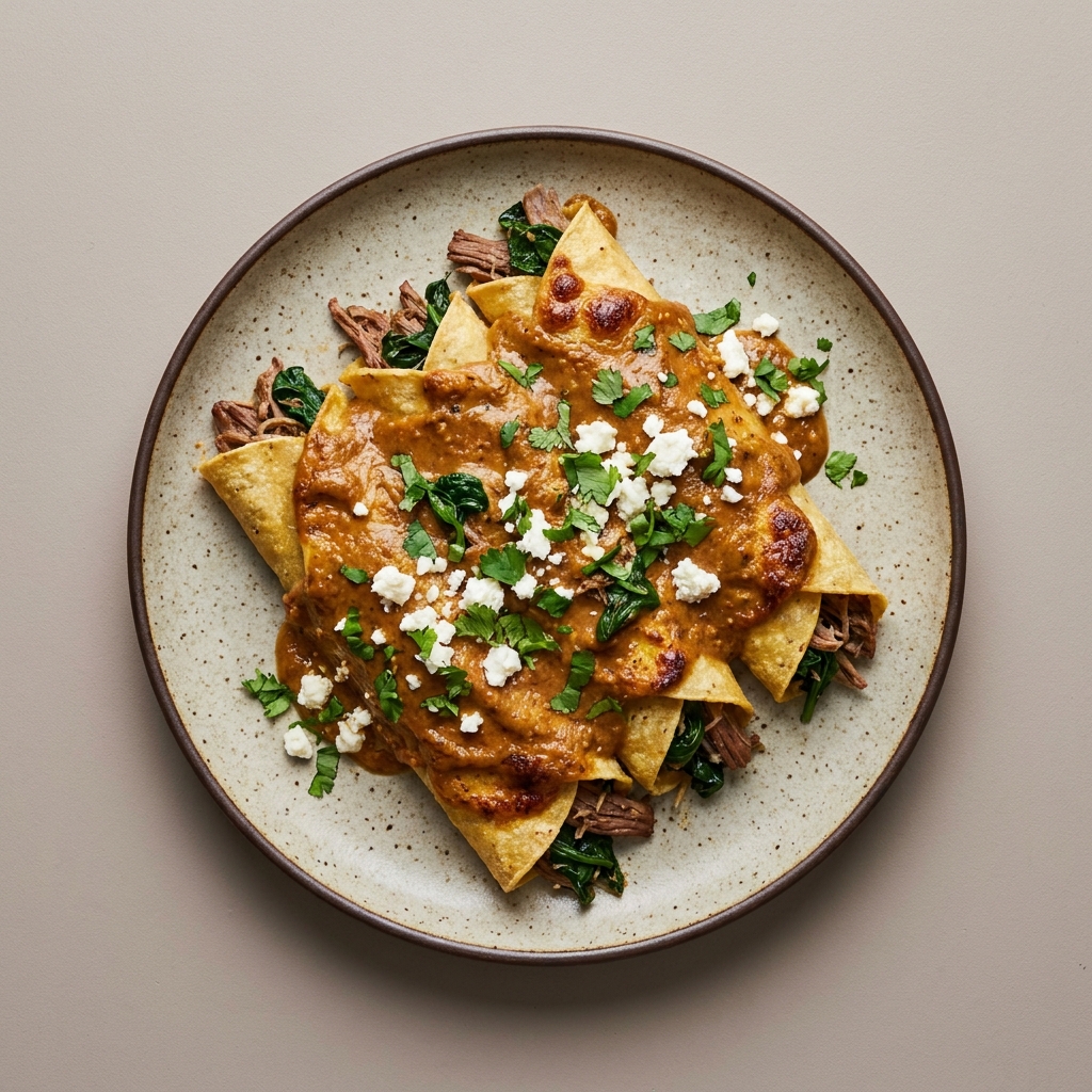 Enchiladas encacahuatadas de res con queso fresco y espinaca, con licuado de fresa