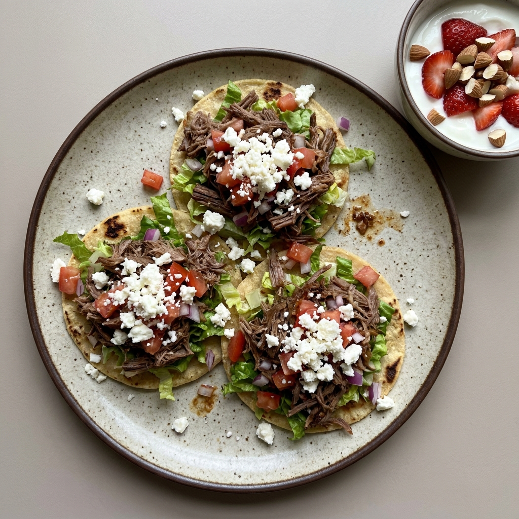 Sopes de salpicón de res con queso fresco y bowl de yogurt con fresa y almendra