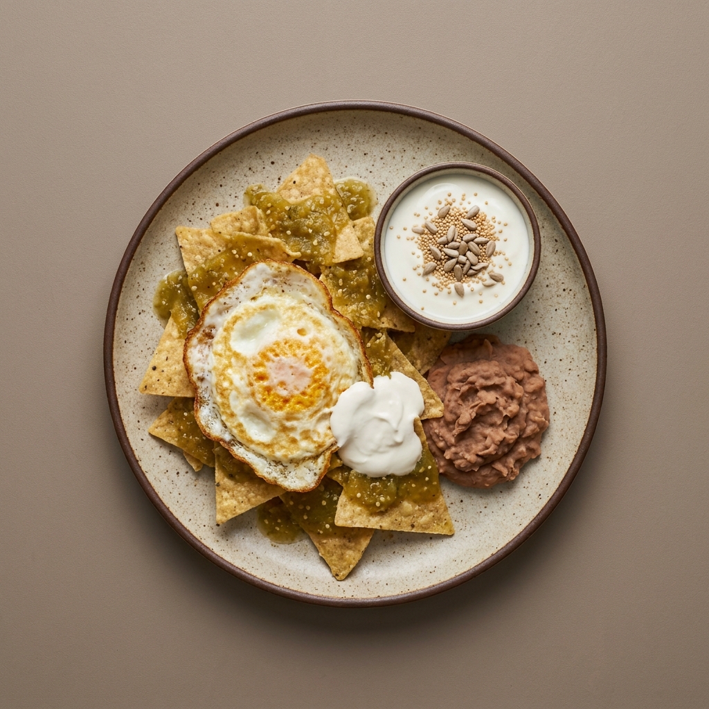 Chilaquiles verdes con huevo, frijoles y crema, con bowl de yogurt, amaranto y semillas de girasol