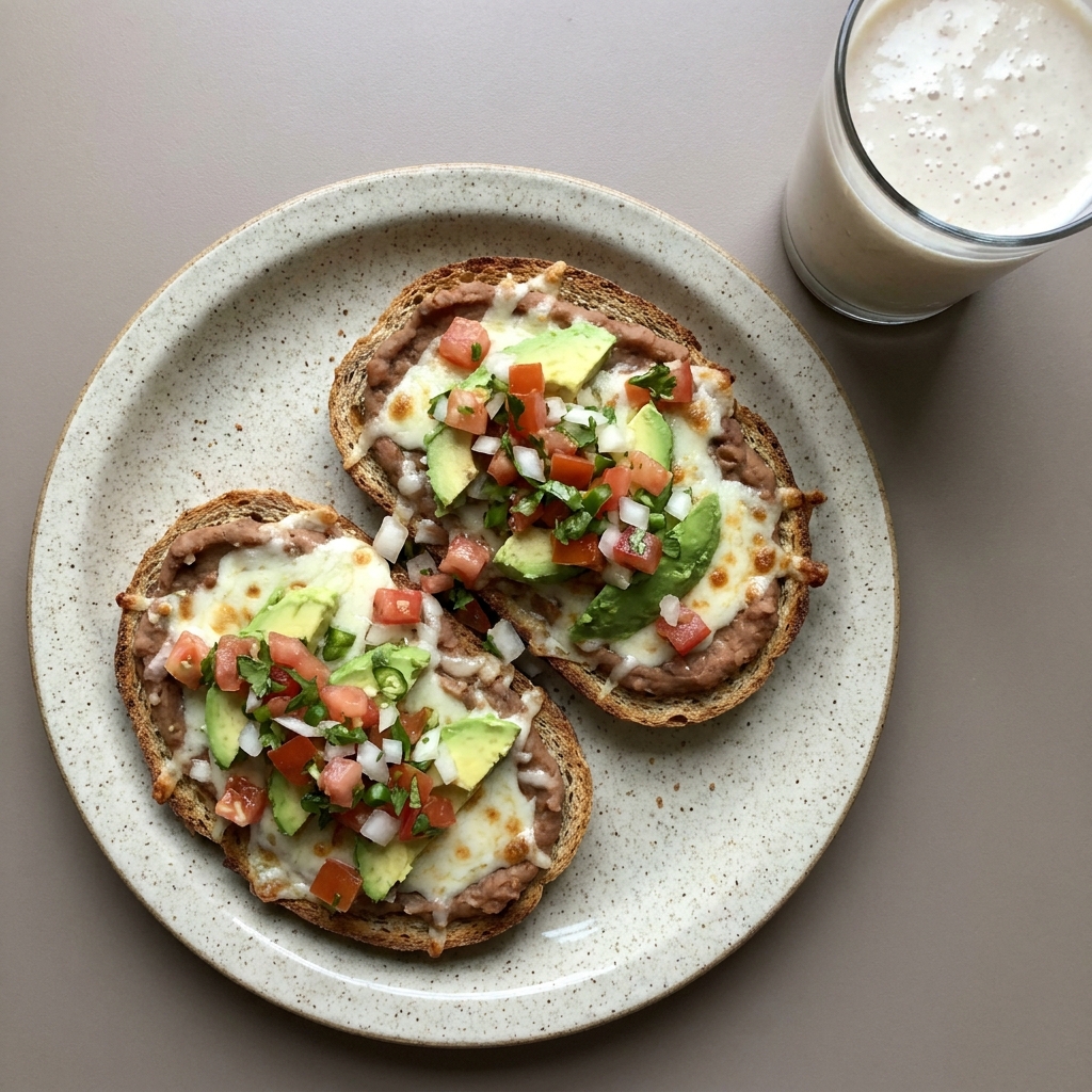 Molletes de frijol con queso mozzarella, pico de gallo y aguacate, con licuado