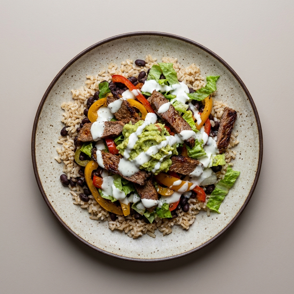 Bowl de bistec con arroz, frijoles, verduras y aderezo de yogurt
