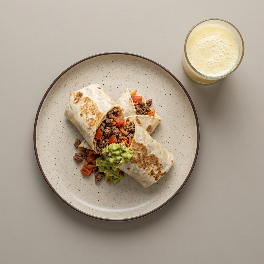 Burrito de picadillo de res con guacamole, y licuado de piña