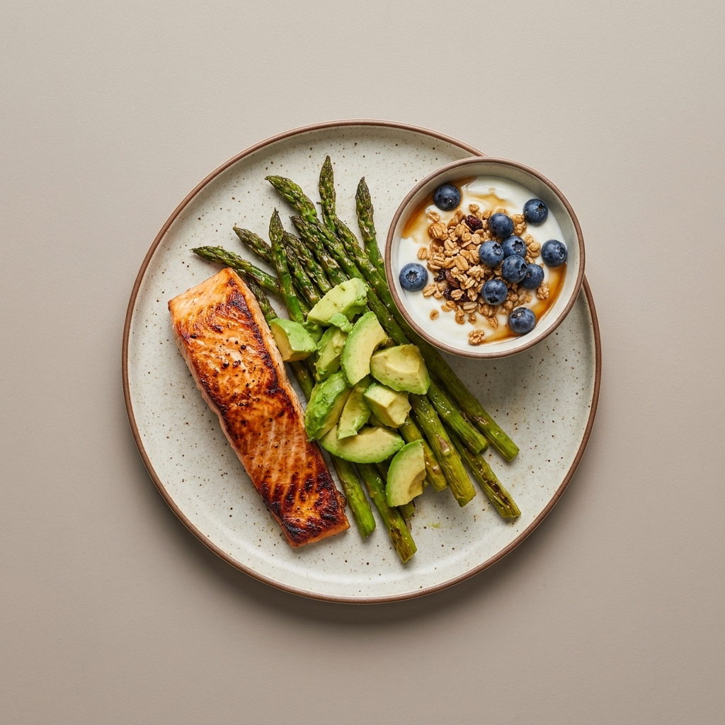 Salmón a la plancha con espárragos y aguacate, con bowl de yogurt con granola y arándanos