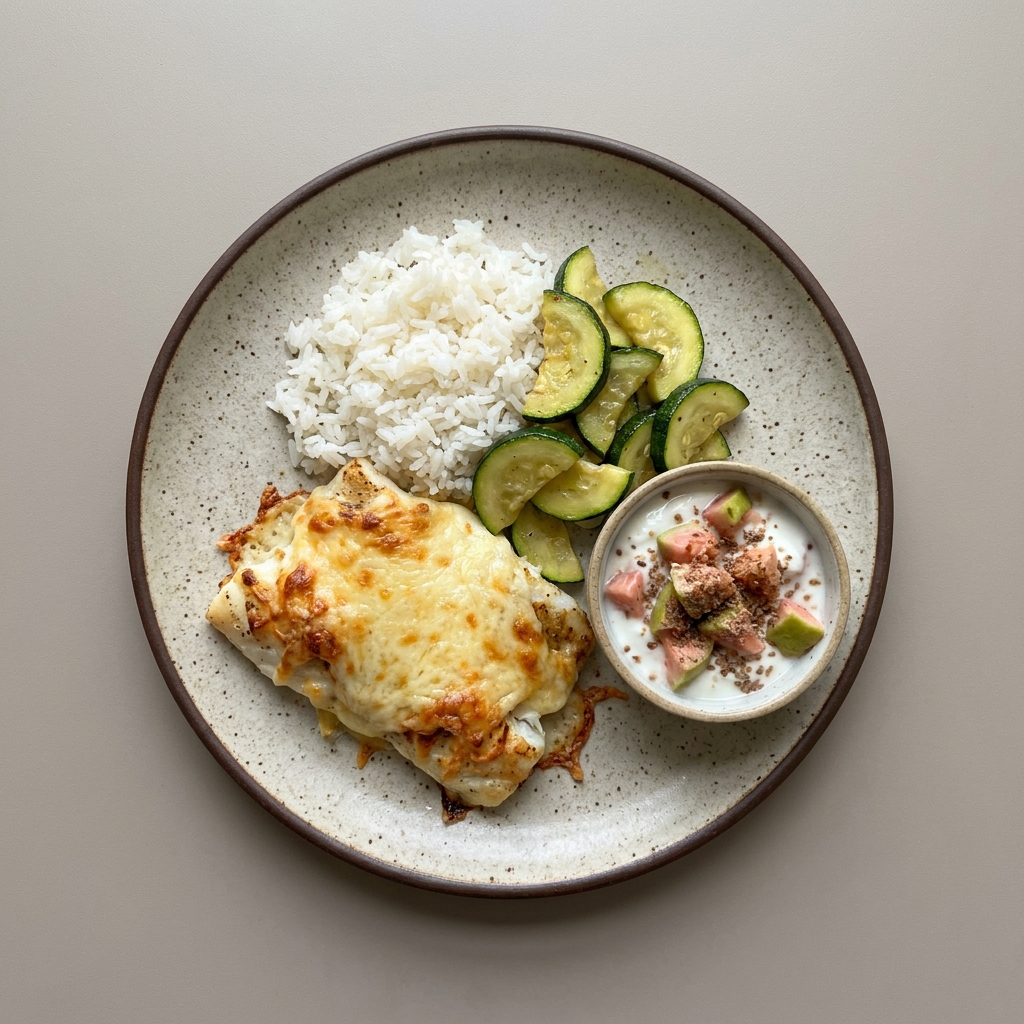 Pescado gratinado con parmesano, arroz y calabacitas, y bowl de guayaba con yogurt y linaza