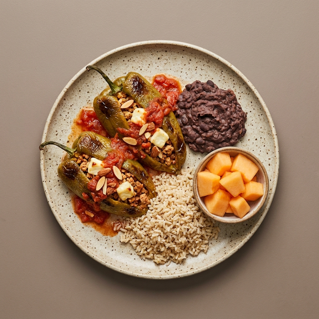 Chiles poblanos rellenos de picadillo de pavo con almendra y queso panela, con arroz integral, frijoles y bowl de melón