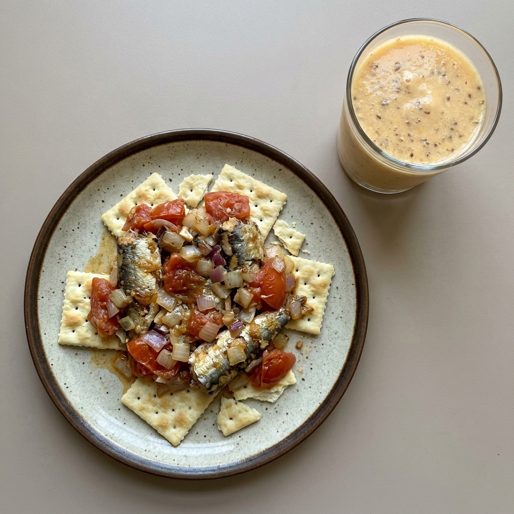 Sardinas guisadas con jitomate sobre galletas, y licuado de melón y linaza