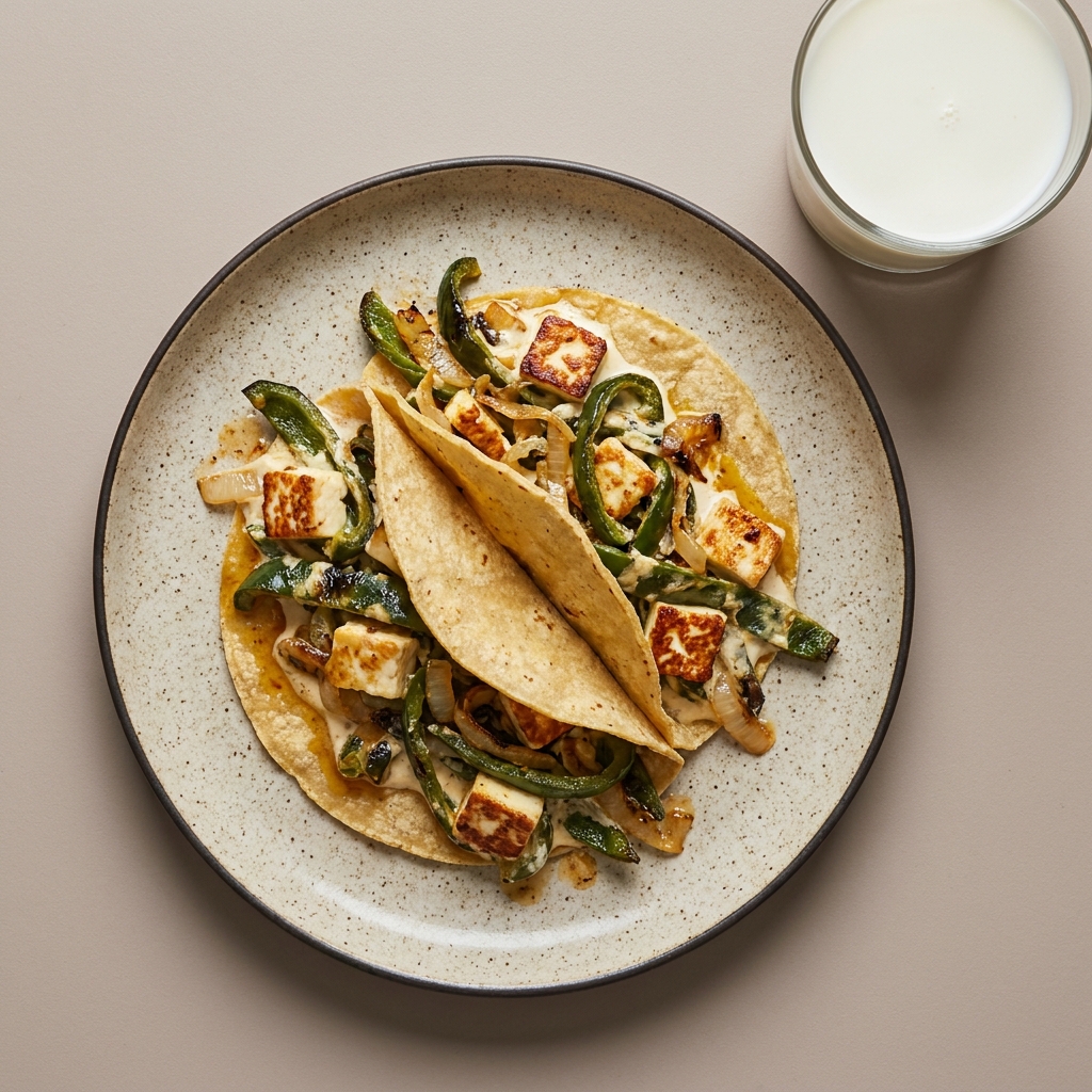 Tacos cremosos de rajas y panela, con vaso de leche