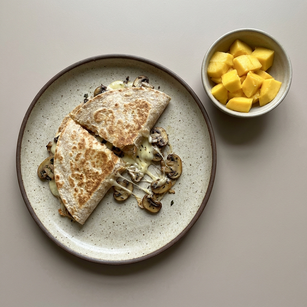 Quesadilla con champiñones y queso oaxaca con bowl de mango