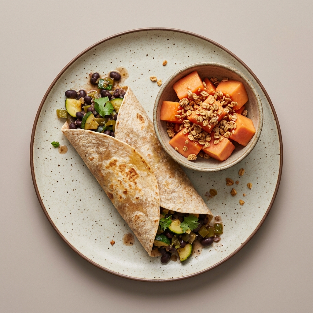 Burrito de frijol y calabacita, y bowl de papaya con granola